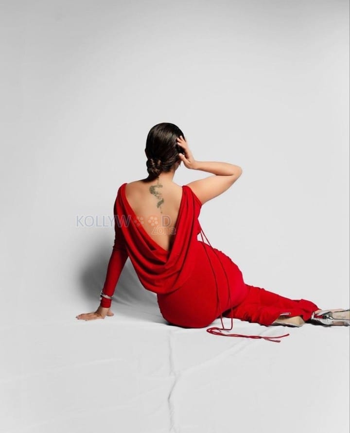 Desirable Avneet Kaur in a Red Long Sleeve Backless Gown for Valentines Day Photos 01