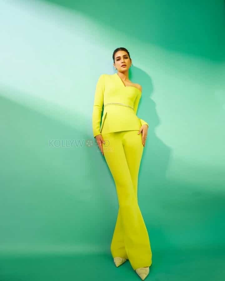 Actress Kriti Sanon in a Neon Yellow Co Ord Set Photos 03