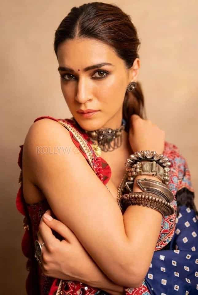 Actress Kriti Sanon in a Red and Blue Saree Photos 02