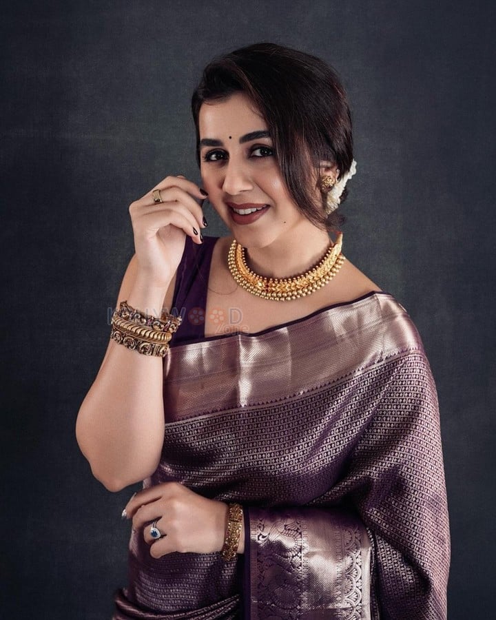 Actress Nikki Galrani in a Purple Silk Saree Photoshoot Pictures 01