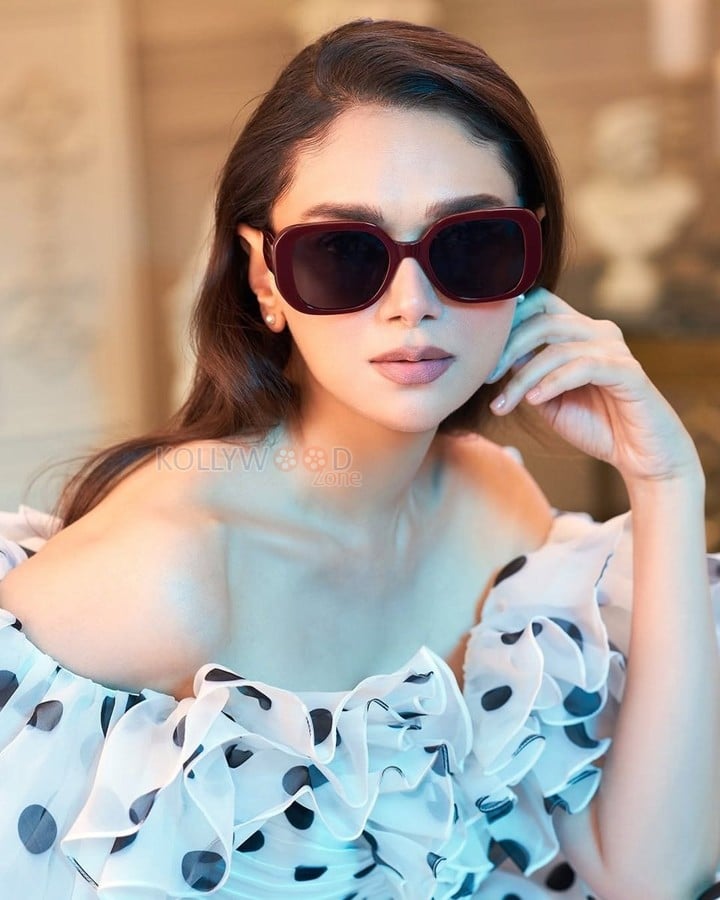 Beautiful Aditi Rao Hydari in a Black and White Polka Dotted Ruffled Off Shoulder Gown with John Jacobs Eyewear Photoshoot Pictures 02