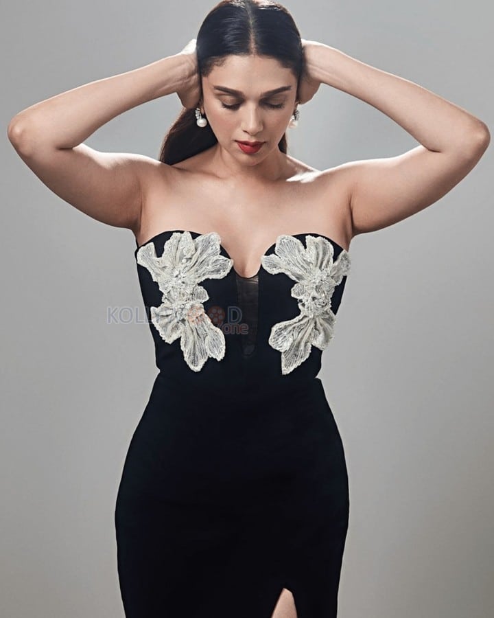 Beautiful Aditi Rao Hydari in a Floral Black Strapless Gown Photos 02