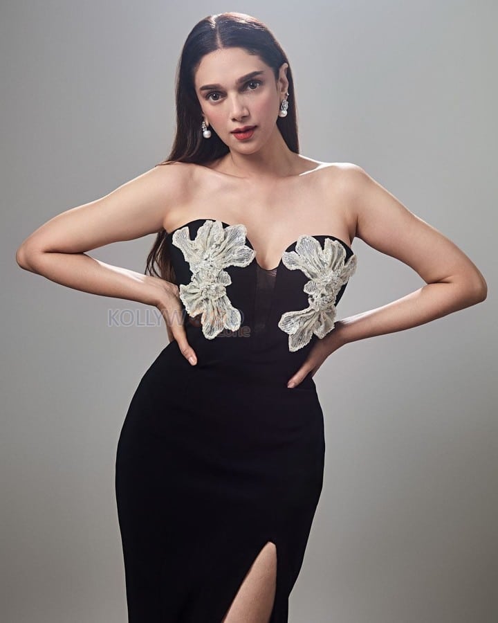 Beautiful Aditi Rao Hydari in a Floral Black Strapless Gown Photos 03