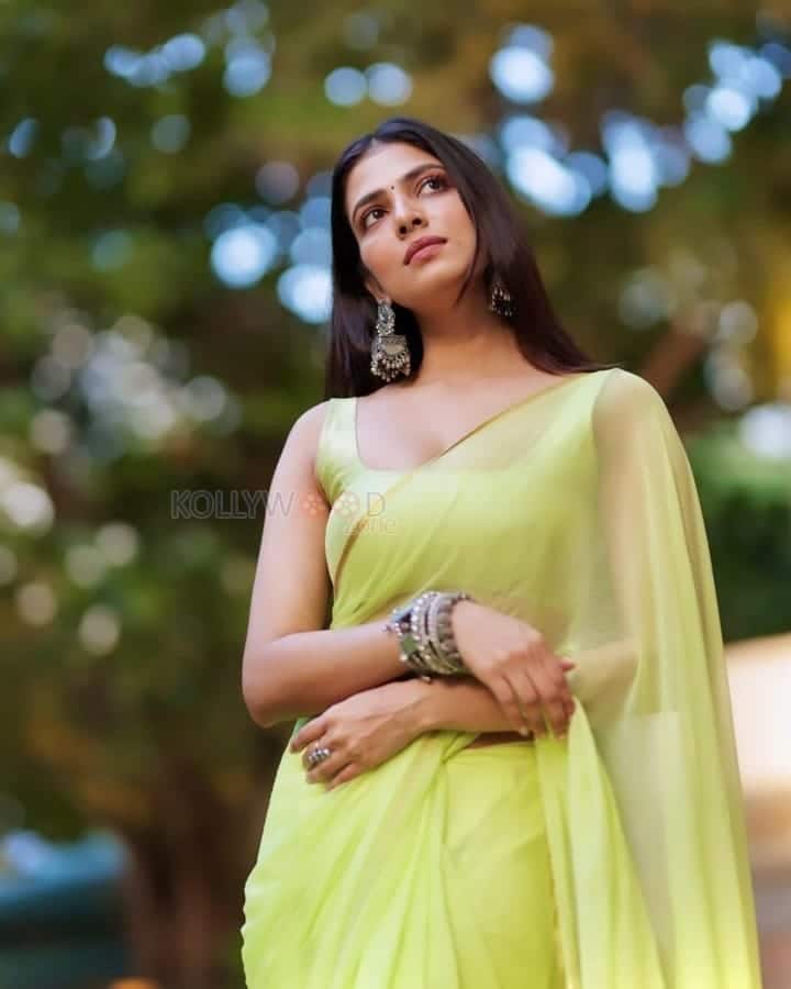 Beautiful Malavika Mohanan in a Parrot Green Saree Photos 01