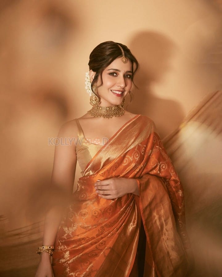 Beautiful Raashi Khanna in a Traditional Silk Saree with Sleeveless Golden Blouse Pictures 02