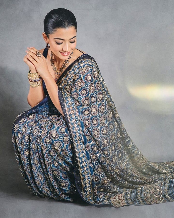 Beautiful Rashmika Mandanna in a Dark Blue Printed Saree with Sleeveless Blouse Photos 06