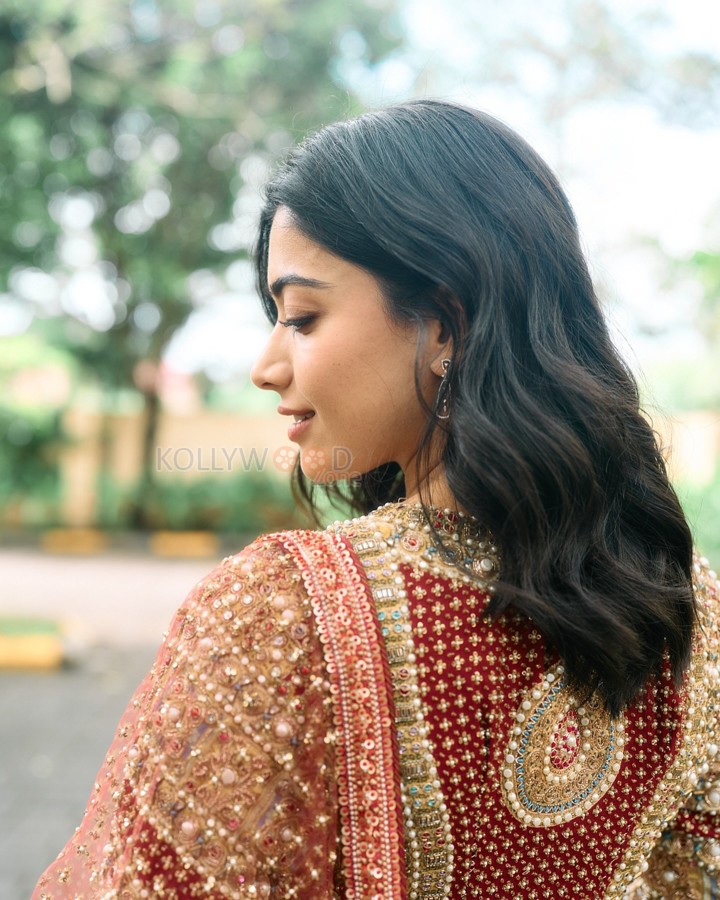 Beautiful Rashmika Mandanna in a Red and Golden Embroidered Kurta Set Photos 01