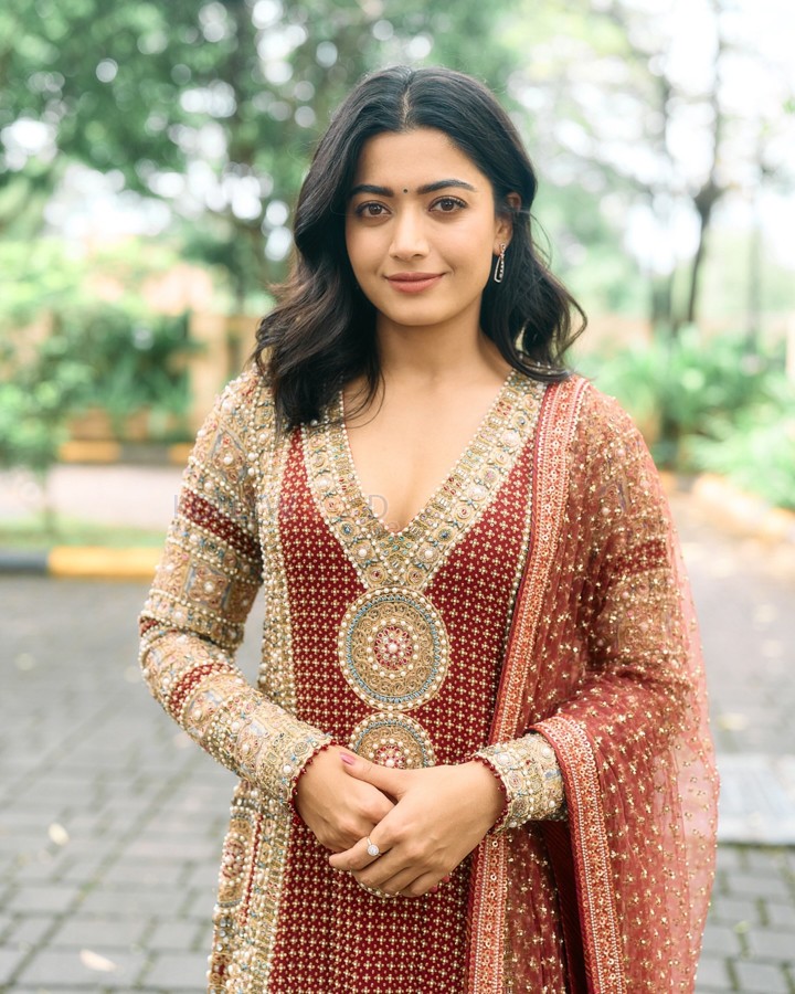 Beautiful Rashmika Mandanna in a Red and Golden Embroidered Kurta Set Photos 06