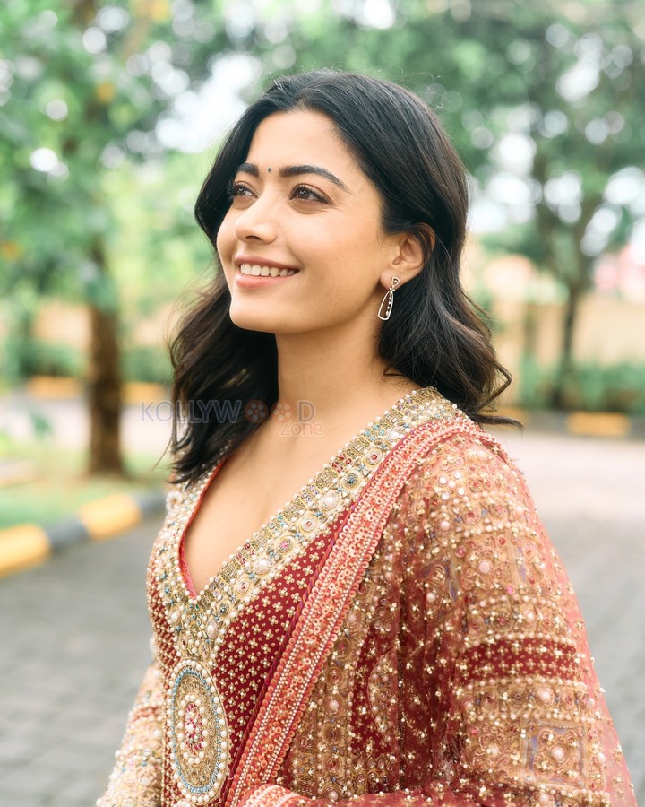 Beautiful Rashmika Mandanna in a Red and Golden Embroidered Kurta Set Photos 08