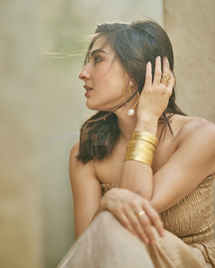 Beautiful Sara Ali Khan in a Cream Strapless Maxi Dress Photos 06