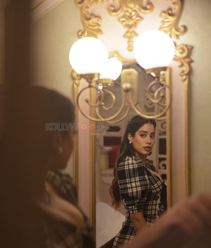 Bollywood Actress Janhvi Kapoor in a Checkered Mini Lace Up Dress Photos 04