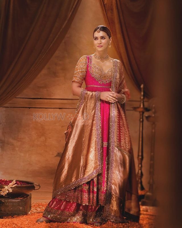 Captivating Kriti Sanon in a Pink Anarkali with Golden Tissue Dupatta Photoshoot Pictures 03