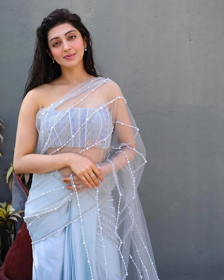 Charming Pranitha Subhash in a Transparent Light Sky Blue Saree Photos 02