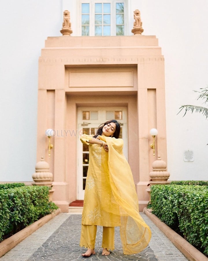 Chhaava Actress Rashmika Mandanna Cute in a Yellow Salwar Photos 09