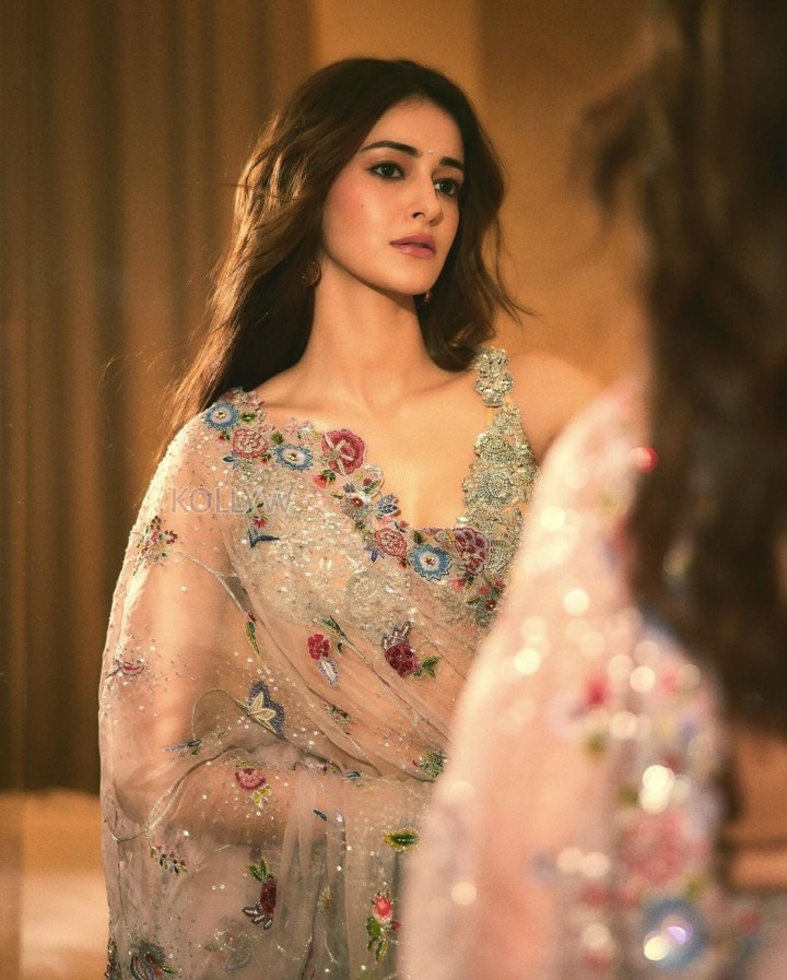 Contemporary Beauty Ananya Panday in a Shimmery Netted Sequin Saree with Floral Embellishments and Sleek Bralette Blouse Pictures 01