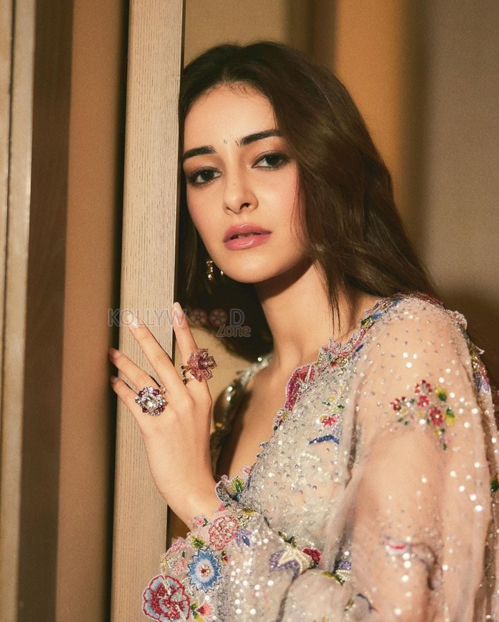 Contemporary Beauty Ananya Panday in a Shimmery Netted Sequin Saree with Floral Embellishments and Sleek Bralette Blouse Pictures 05