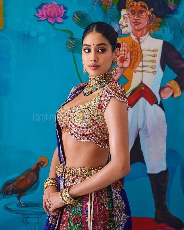 Dazzling Janhvi Kapoor in a Blue and Multi Coloured Lehenga at Anant Ambani and Radhika Merchant Pre Wedding Mehendi Ceremony Photos 03