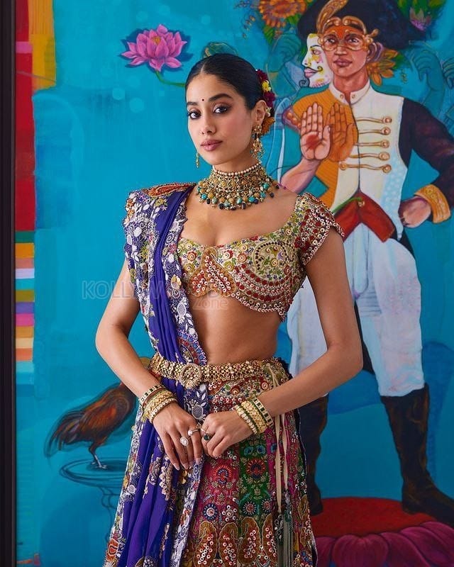 Dazzling Janhvi Kapoor in a Blue and Multi Coloured Lehenga at Anant Ambani and Radhika Merchant Pre Wedding Mehendi Ceremony Photos 05