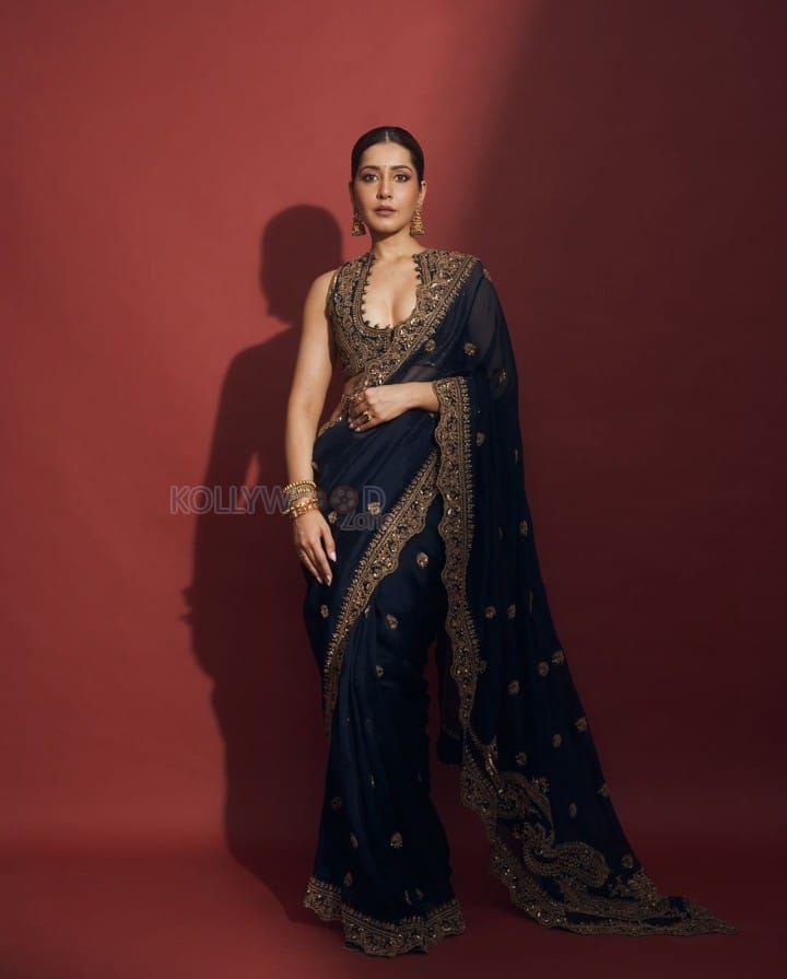 Dazzling Raashi Khanna in a Navy Blue Saree with a Stylish Cut Blouse at Filmfare Awards Photos 02