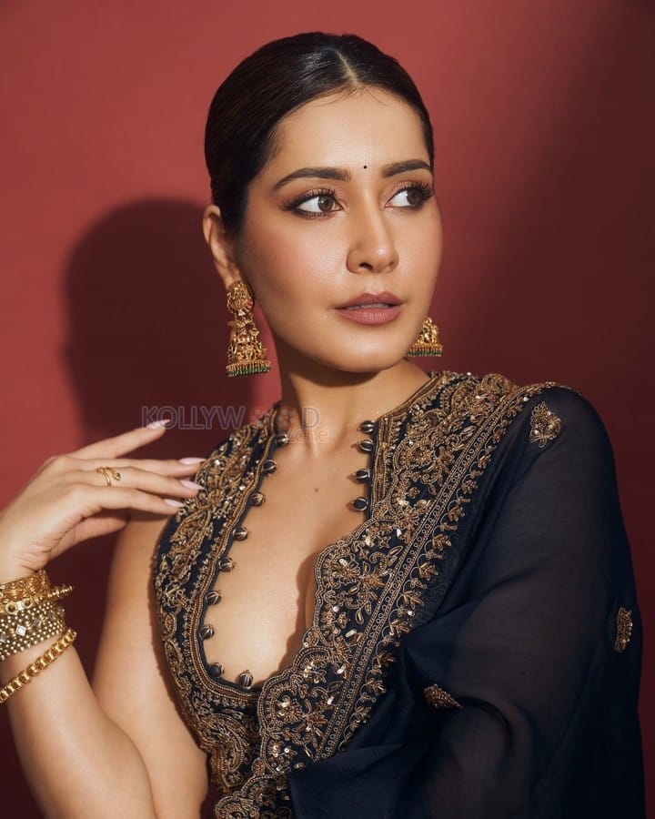 Dazzling Raashi Khanna in a Navy Blue Saree with a Stylish Cut Blouse at Filmfare Awards Photos 05