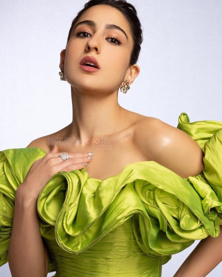 Dazzling Sara Ali Khan in a Neon Green Floor Length Gown Photos 03