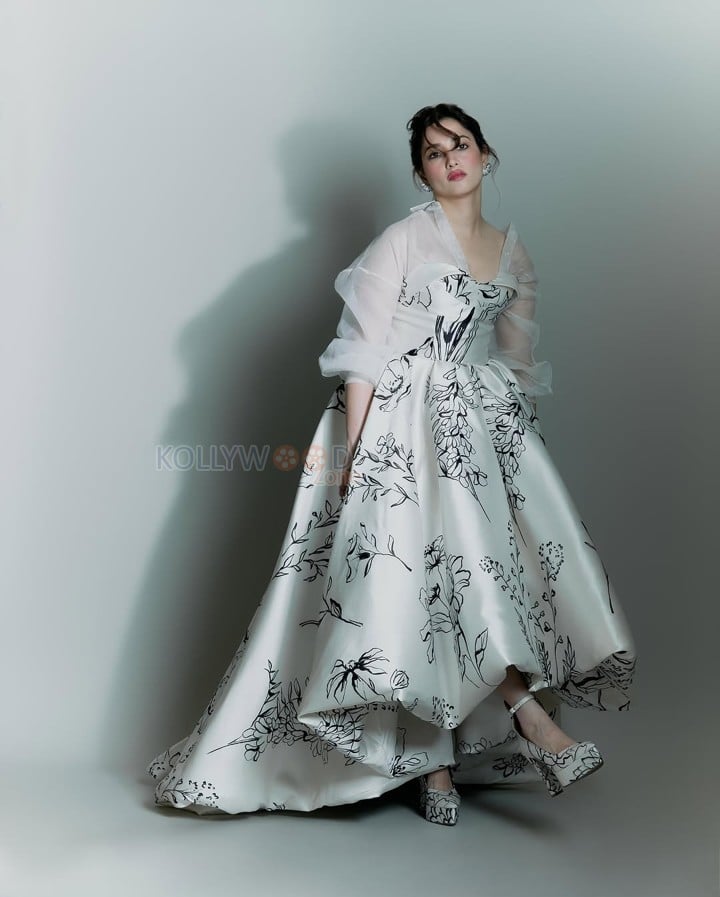 Dazzling Tamannaah Bhatia in a Stunning White Gown with Black Floral Illustrations Photos 05