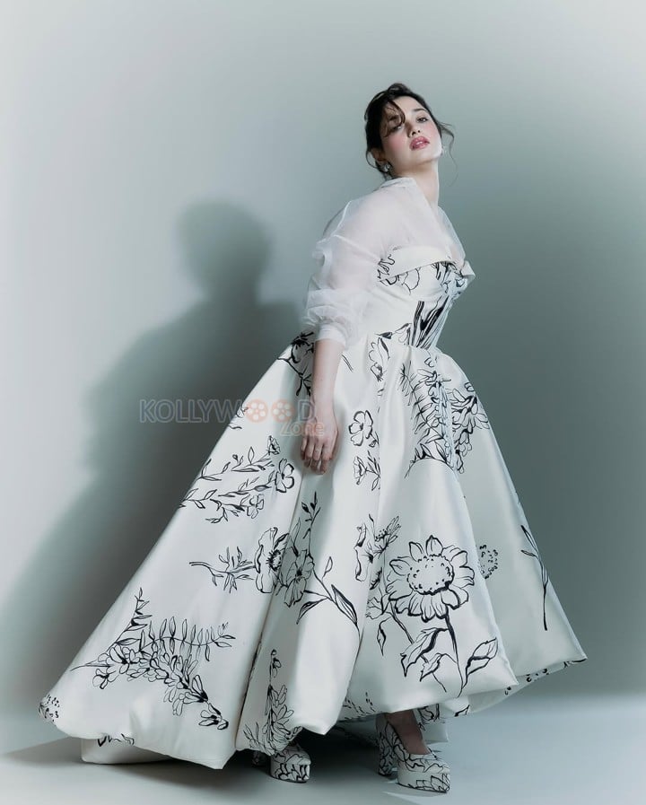 Dazzling Tamannaah Bhatia in a Stunning White Gown with Black Floral Illustrations Photos 07