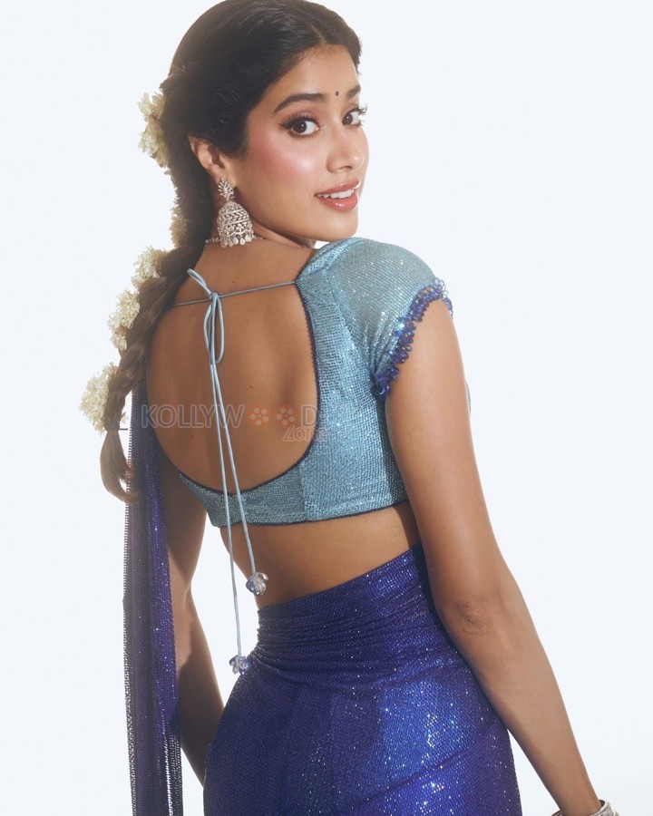 Devara Heroine Janhvi Kapoor in a Blue Half Saree with Matching Light Blue Skirt Photos 02