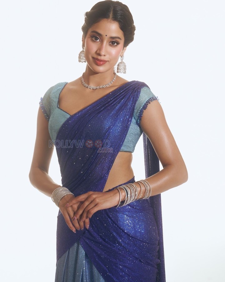 Devara Heroine Janhvi Kapoor in a Blue Half Saree with Matching Light Blue Skirt Photos 04