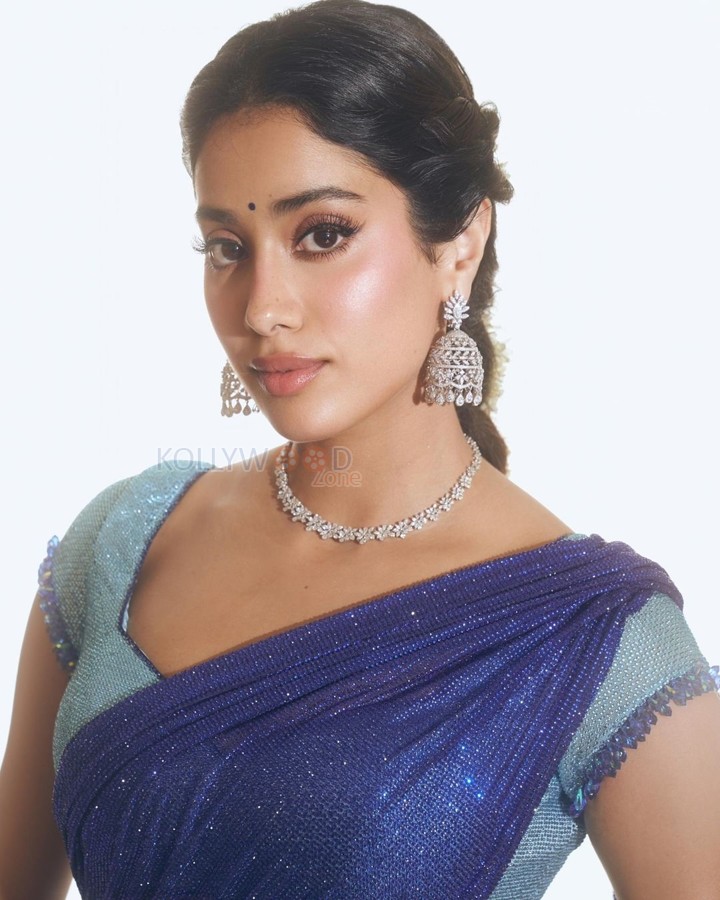 Devara Heroine Janhvi Kapoor in a Blue Half Saree with Matching Light Blue Skirt Pictures 02