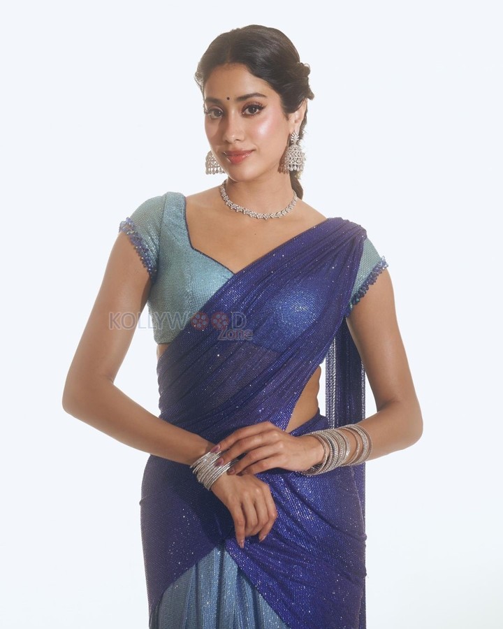 Devara Heroine Janhvi Kapoor in a Blue Half Saree with Matching Light Blue Skirt Pictures 04