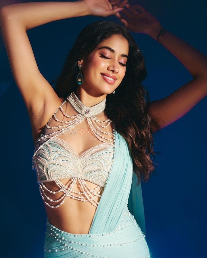 Devara Heroine Janhvi Kapoor in a Ice Blue Saree and Jewelled Blouse Photos 04