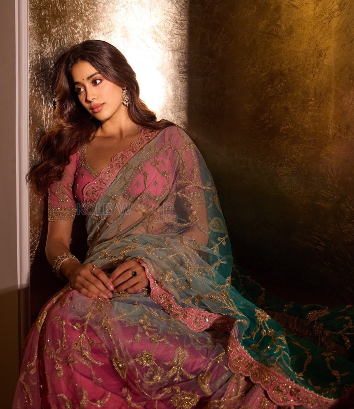 Elegant Janhvi Kapoor in a Sheer Teal and Pink Saree Photos 08