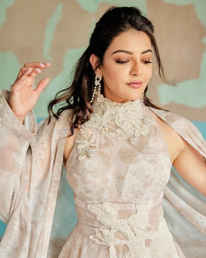 Elegant Kajal Aggarwal in an Off White Sharara with Pearl and Floral Embroidery Photos 04