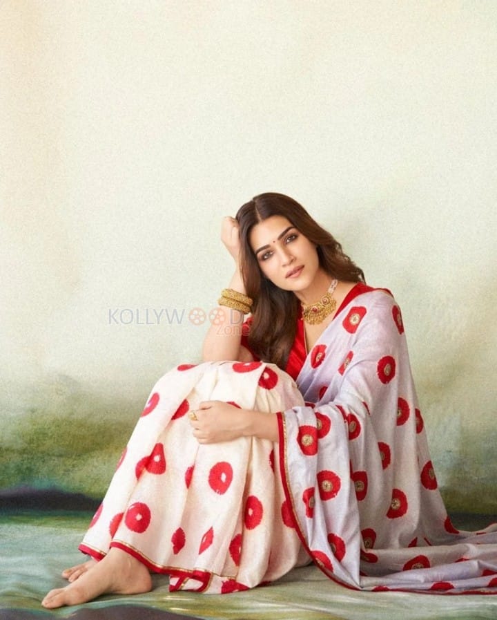 Elegant Kriti Sanon in a Red and White Floral Saree Photos 02