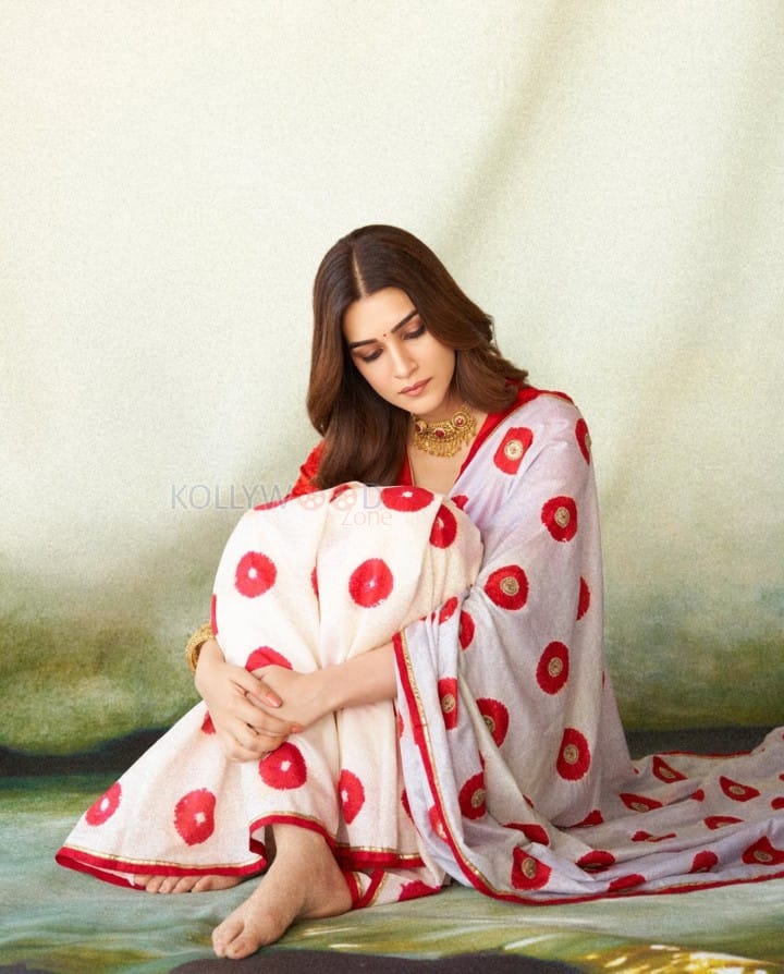 Elegant Kriti Sanon in a Red and White Floral Saree Photos 05