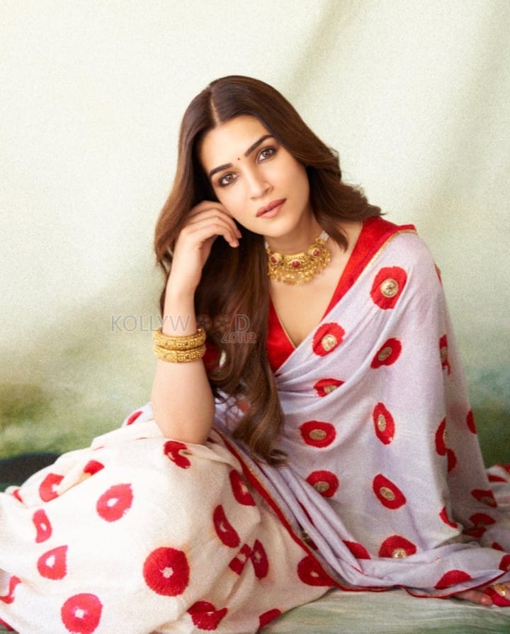 Elegant Kriti Sanon in a Red and White Floral Saree Photos 06