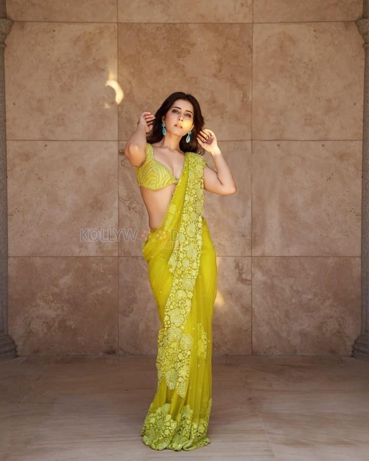 Elegant Raashi Khanna in a Light Green Floral Saree with a Deep Cleavage Neckline Blouse Photos 02