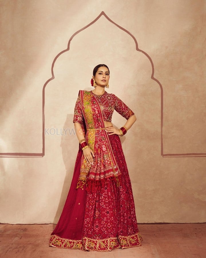 Elegant and Classy Raashi Khanna in a Embellished Maroon Lehenga Photos 02