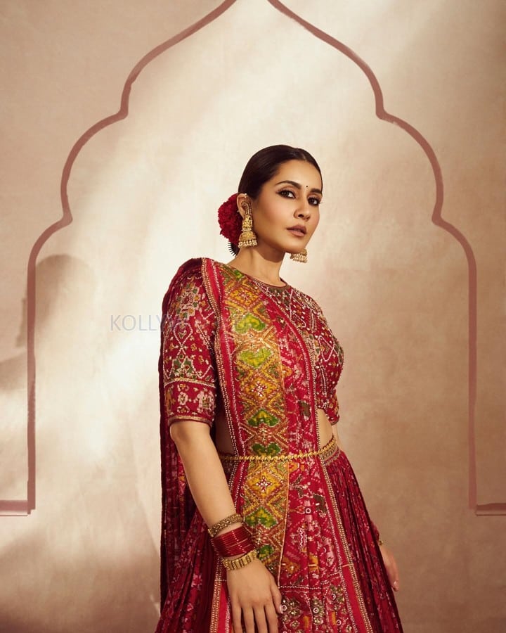 Elegant and Classy Raashi Khanna in a Embellished Maroon Lehenga Photos 03