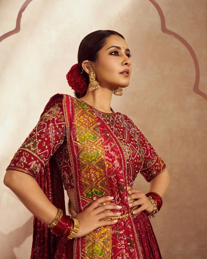 Elegant and Classy Raashi Khanna in a Embellished Maroon Lehenga Photos 08