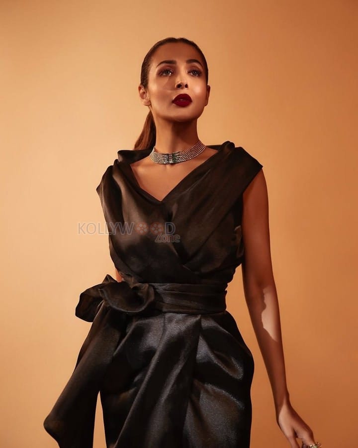 Flawless Malaika Arora in a Black Organza Shawl Collar Wrap Dress Photos 03