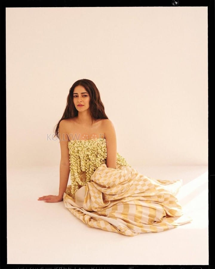 Gorgeous Ananya Panday in an Off Shoulder Flower Dress with a Cream Coloured Saree Photos 02