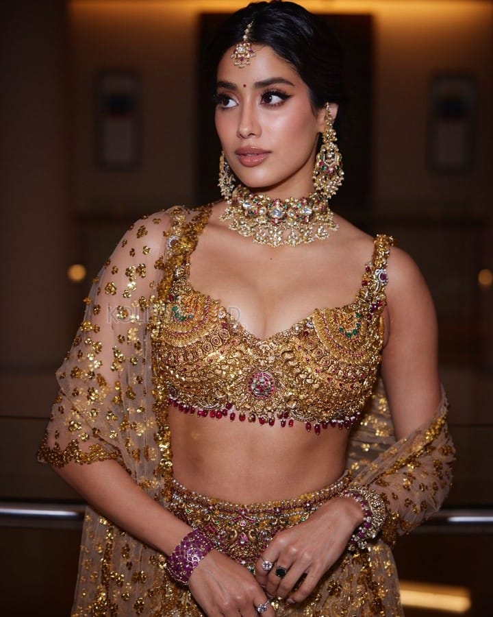 Gorgeous Janhvi Kapoor in a Embellished Gold Lehenga at Anant Ambani and Radhika Merchant Wedding Photos 01