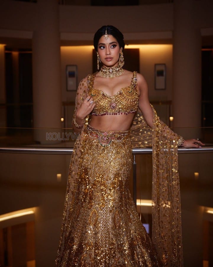 Gorgeous Janhvi Kapoor in a Embellished Gold Lehenga at Anant Ambani and Radhika Merchant Wedding Photos 04