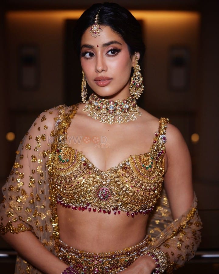 Gorgeous Janhvi Kapoor in a Embellished Gold Lehenga at Anant Ambani and Radhika Merchant Wedding Photos 05