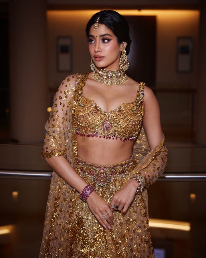 Gorgeous Janhvi Kapoor in a Embellished Gold Lehenga at Anant Ambani and Radhika Merchant Wedding Photos 06