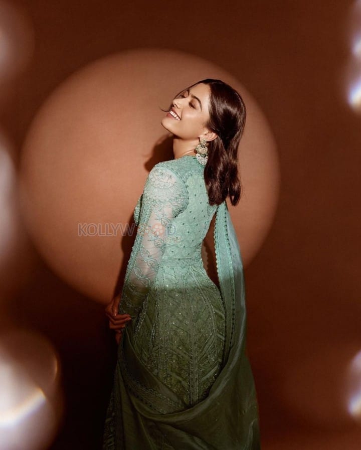 Gorgeous Rashmika Mandanna in a Embroidered Mint Green Anarkali Suit Pictures 01