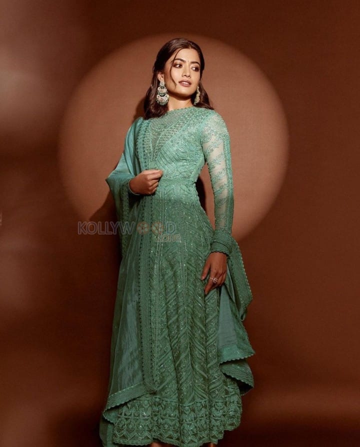 Gorgeous Rashmika Mandanna in a Embroidered Mint Green Anarkali Suit Pictures 05