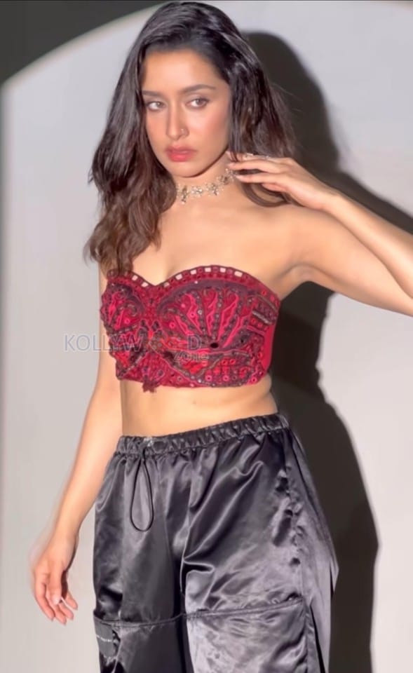 Gorgeous Shraddha Kapoor in a Red Embroidered Crop Top and Black Trousers at Stree 2 Promo Photos 02